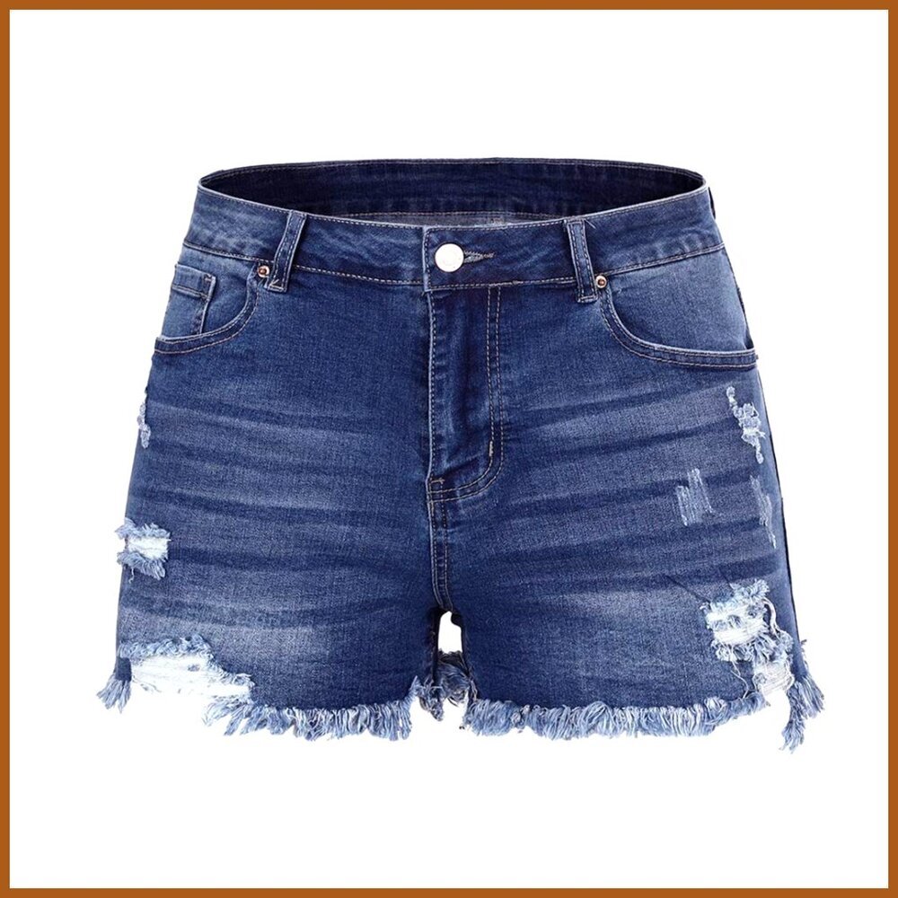 Mid Rise Ripped Stretchy Denim Shorts with Frayed Raw Hem